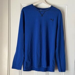 Puma Mens Large T-Shirt Thermal Waffle Knit Long Sleeve Blue Crewneck Cotton